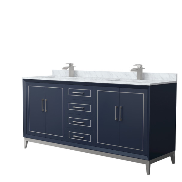 Marlena 72 Inch Double Bathroom Vanity In Dark Blue, White Carrara Marble Countertop, Undermount Square Sinks, Brushed Nickel Trim