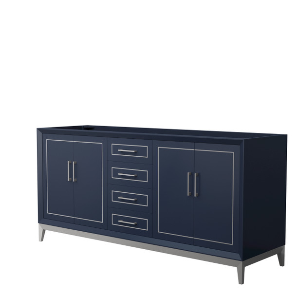 Marlena 72 Inch Double Bathroom Vanity In Dark Blue, No Countertop, No Sink, Brushed Nickel Trim