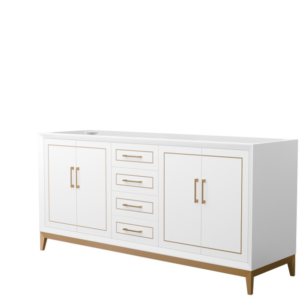 Marlena 72 Inch Double Bathroom Vanity In White, No Countertop, No Sink, Satin Bronze Trim