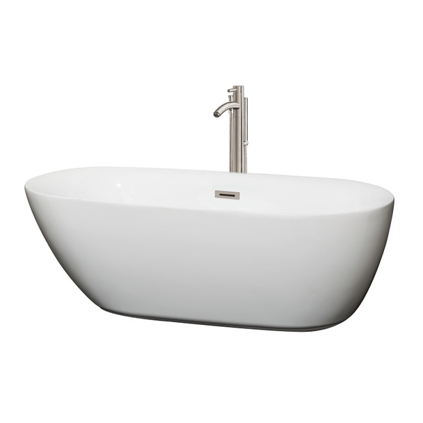 Melissa 65 Inch Freestanding Bathtub In White With Floor Mounted Faucet, Drain And Overflow Trim In Brushed Nickel