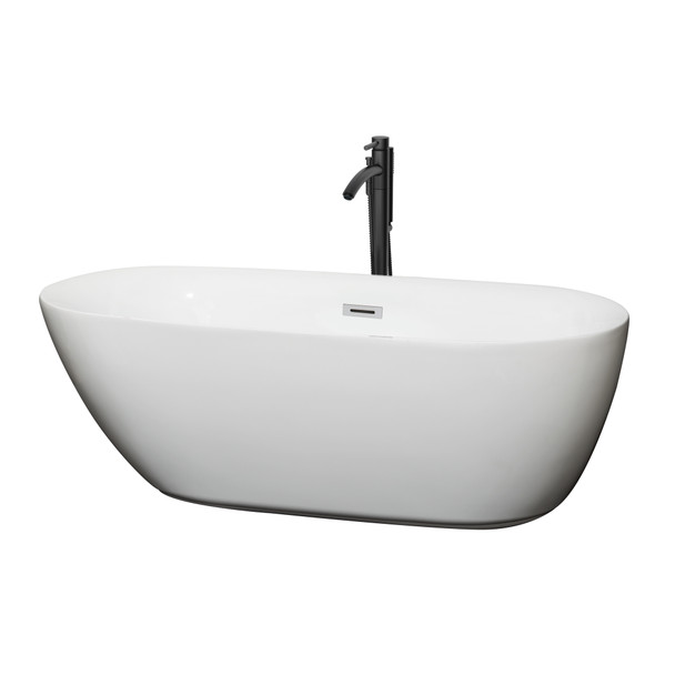 Melissa 65 Inch Freestanding Bathtub In White With Polished Chrome Trim And Floor Mounted Faucet In Matte Black
