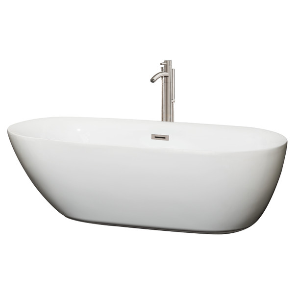 Melissa 71 Inch Freestanding Bathtub In White With Floor Mounted Faucet, Drain And Overflow Trim In Brushed Nickel