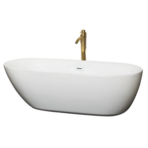 Melissa 71 Inch Freestanding Bathtub In White With Shiny White Trim And Floor Mounted Faucet In Brushed Gold