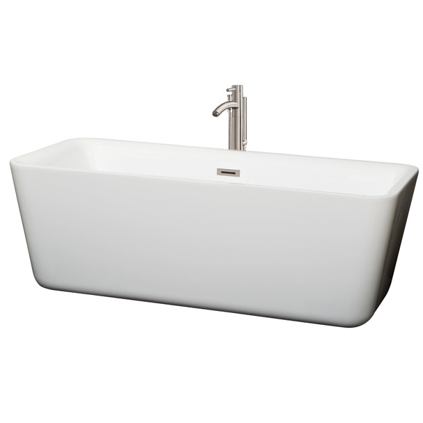Emily 69 Inch Freestanding Bathtub In White With Floor Mounted Faucet, Drain And Overflow Trim In Brushed Nickel