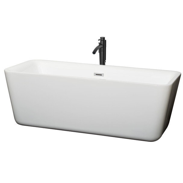 Emily 69 Inch Freestanding Bathtub In White With Polished Chrome Trim And Floor Mounted Faucet In Matte Black