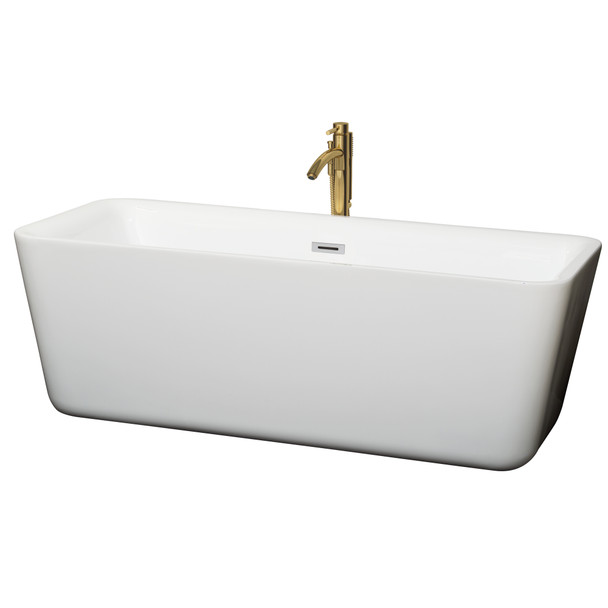 Emily 69 Inch Freestanding Bathtub In White With Polished Chrome Trim And Floor Mounted Faucet In Brushed Gold