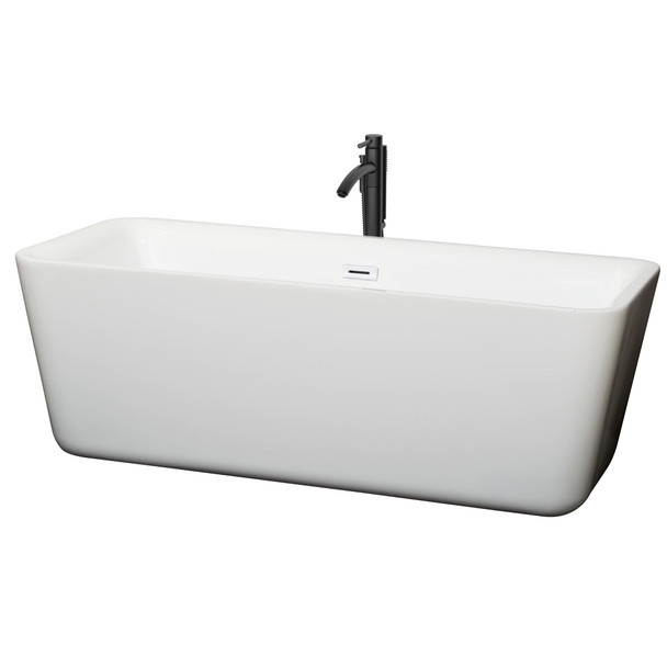 Emily 69 Inch Freestanding Bathtub In White With Shiny White Trim And Floor Mounted Faucet In Matte Black