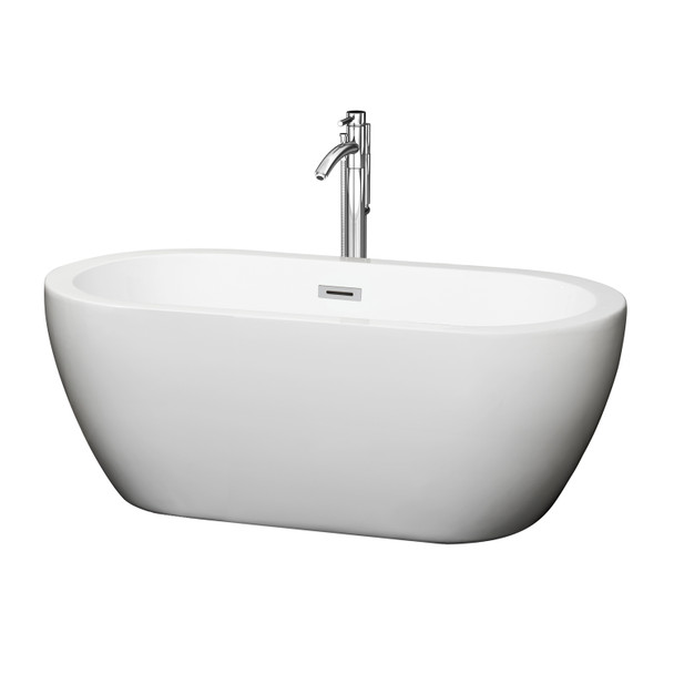 Soho 60 Inch Freestanding Bathtub In White With Floor Mounted Faucet, Drain And Overflow Trim In Polished Chrome