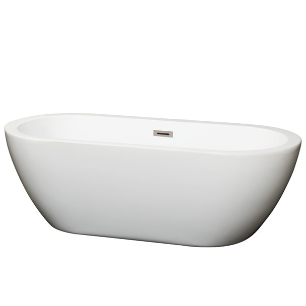 Soho 68 Inch Freestanding Bathtub In White With Brushed Nickel Drain And Overflow Trim