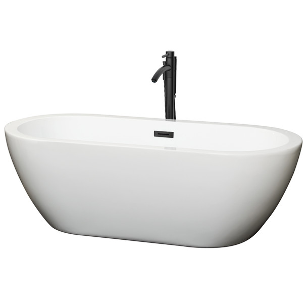 Soho 68 Inch Freestanding Bathtub In White With Floor Mounted Faucet, Drain And Overflow Trim In Matte Black