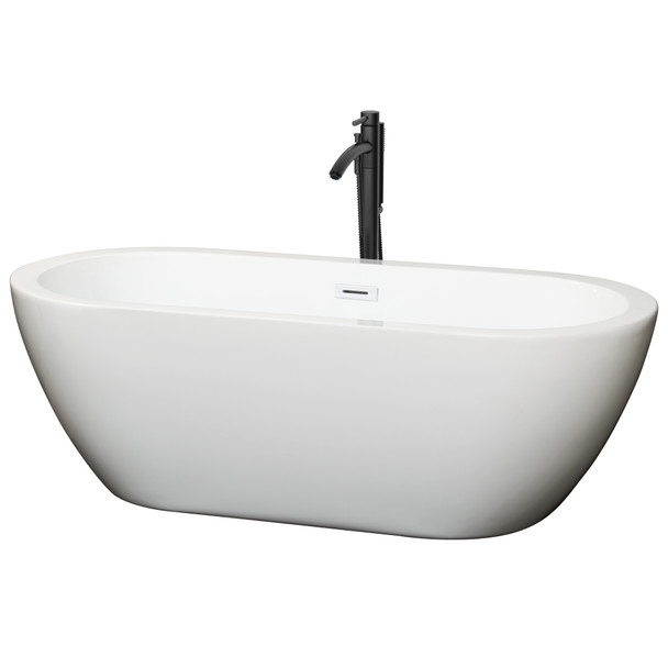 Soho 68 Inch Freestanding Bathtub In White With Shiny White Trim And Floor Mounted Faucet In Matte Black