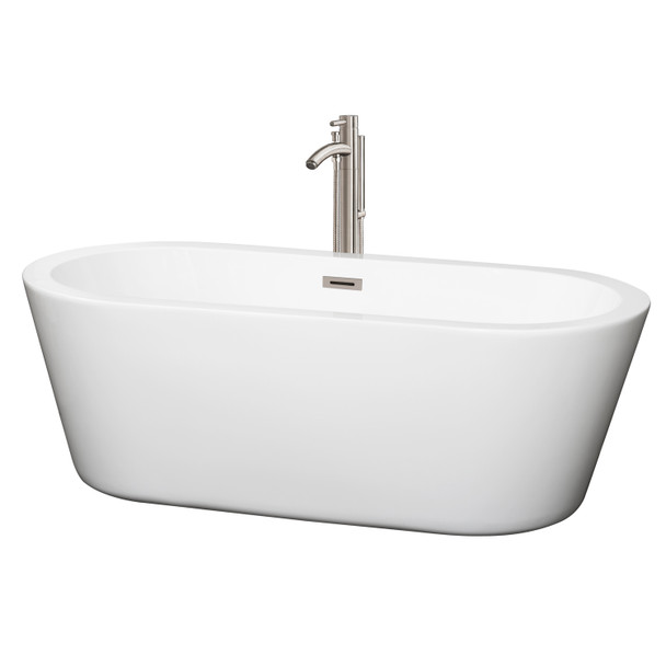 Mermaid 67 Inch Freestanding Bathtub In White With Floor Mounted Faucet, Drain And Overflow Trim In Brushed Nickel