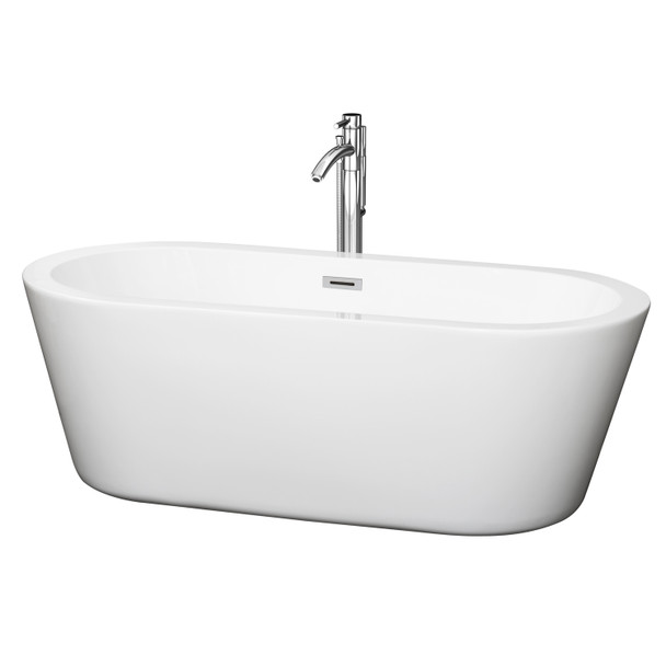 Mermaid 67 Inch Freestanding Bathtub In White With Floor Mounted Faucet, Drain And Overflow Trim In Polished Chrome