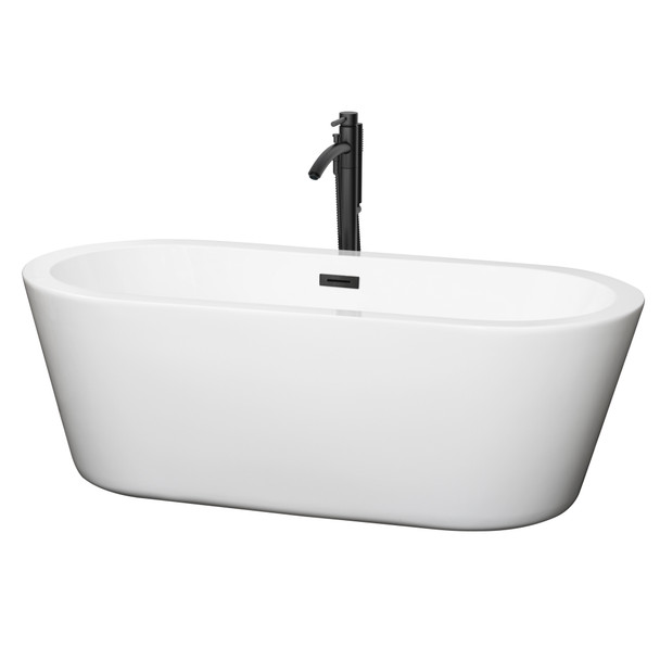 Mermaid 67 Inch Freestanding Bathtub In White With Floor Mounted Faucet, Drain And Overflow Trim In Matte Black