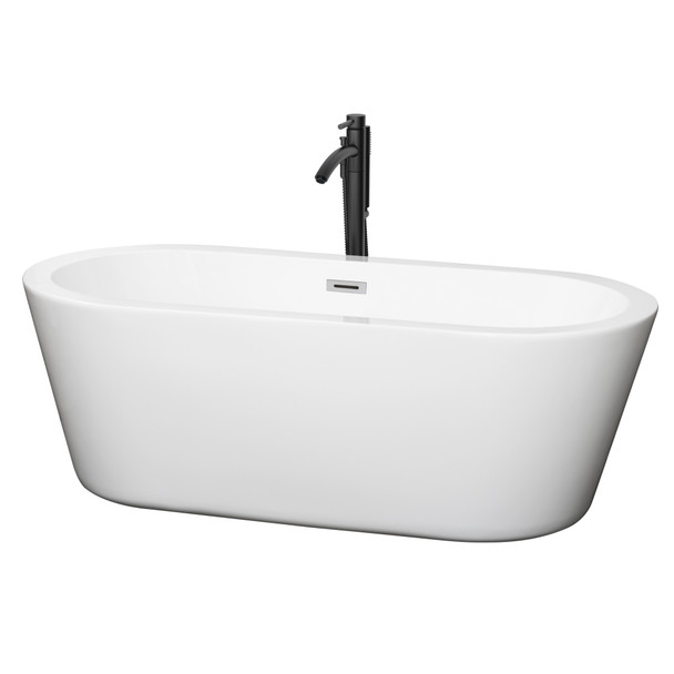 Mermaid 67 Inch Freestanding Bathtub In White With Polished Chrome Trim And Floor Mounted Faucet In Matte Black
