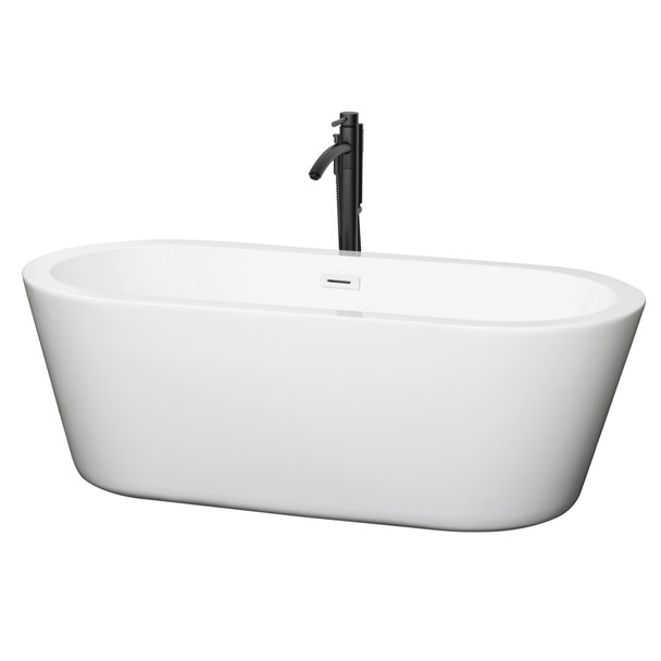 Mermaid 67 Inch Freestanding Bathtub In White With Shiny White Trim And Floor Mounted Faucet In Matte Black