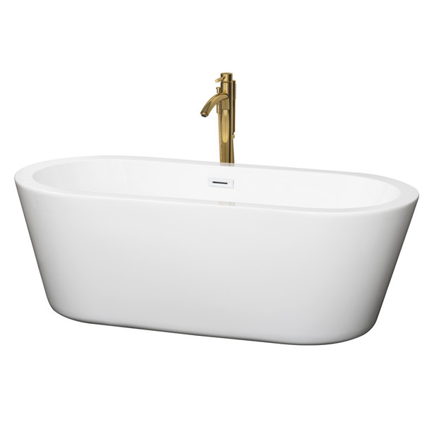 Mermaid 67 Inch Freestanding Bathtub In White With Shiny White Trim And Floor Mounted Faucet In Brushed Gold