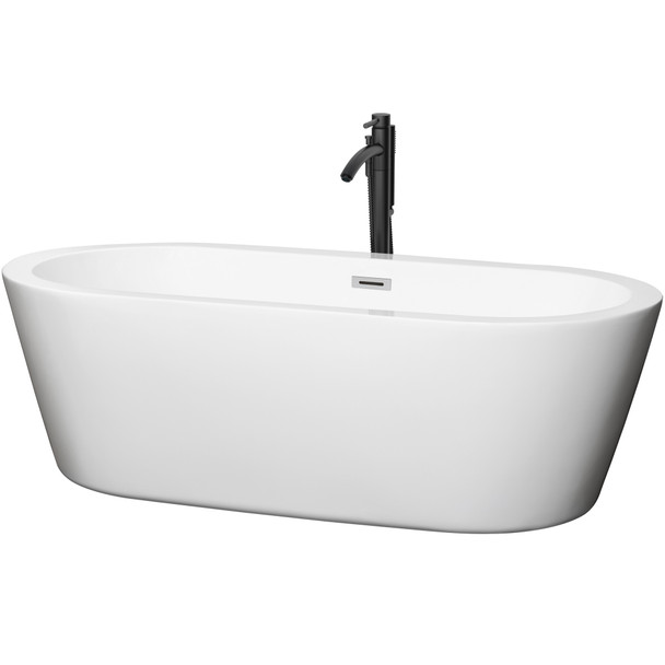 Mermaid 71 Inch Freestanding Bathtub In White With Polished Chrome Trim And Floor Mounted Faucet In Matte Black