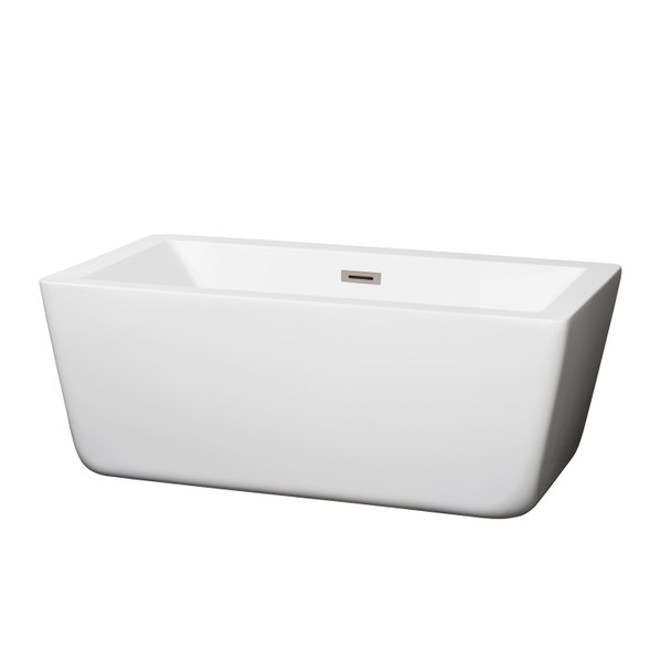 Laura 59 Inch Freestanding Bathtub In White With Brushed Nickel Drain And Overflow Trim