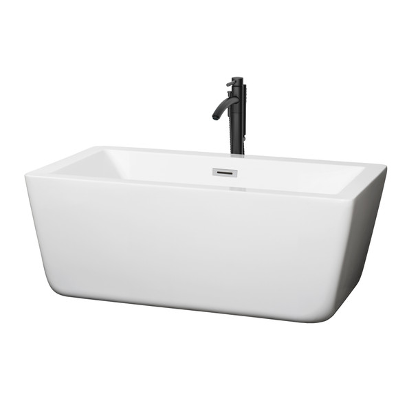 Laura 59 Inch Freestanding Bathtub In White With Polished Chrome Trim And Floor Mounted Faucet In Matte Black