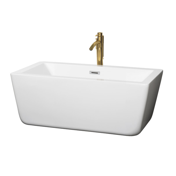 Laura 59 Inch Freestanding Bathtub In White With Polished Chrome Trim And Floor Mounted Faucet In Brushed Gold