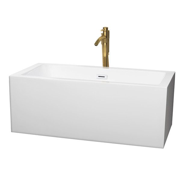 Melody 60 Inch Freestanding Bathtub In White With Shiny White Trim And Floor Mounted Faucet In Brushed Gold