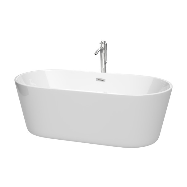 Carissa 67 Inch Freestanding Bathtub In White With Floor Mounted Faucet, Drain And Overflow Trim In Polished Chrome