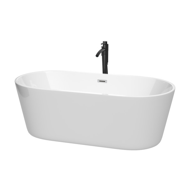 Carissa 67 Inch Freestanding Bathtub In White With Polished Chrome Trim And Floor Mounted Faucet In Matte Black