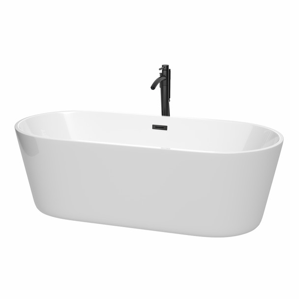 Carissa 71 Inch Freestanding Bathtub In White With Floor Mounted Faucet, Drain And Overflow Trim In Matte Black