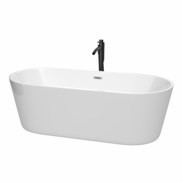 Carissa 71 Inch Freestanding Bathtub In White With Polished Chrome Trim And Floor Mounted Faucet In Matte Black