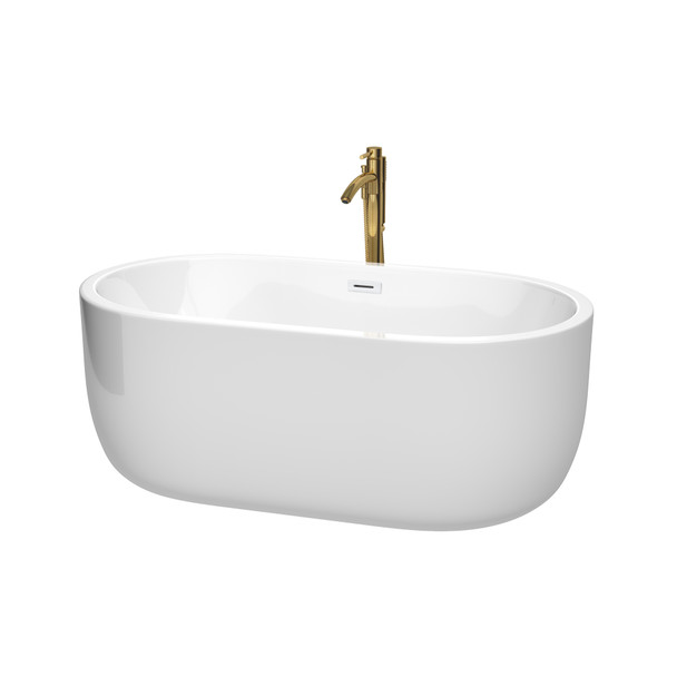 Juliette 60 Inch Freestanding Bathtub In White With Shiny White Trim And Floor Mounted Faucet In Brushed Gold