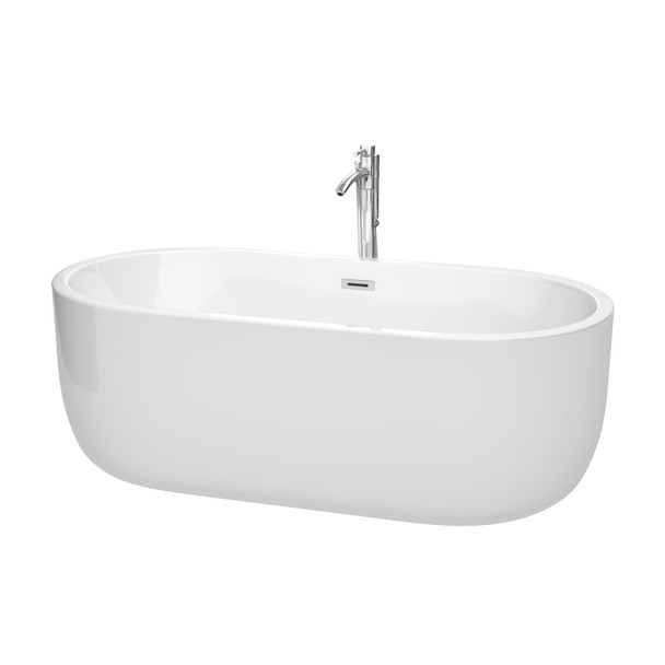 Juliette 67 Inch Freestanding Bathtub In White With Floor Mounted Faucet, Drain And Overflow Trim In Polished Chrome