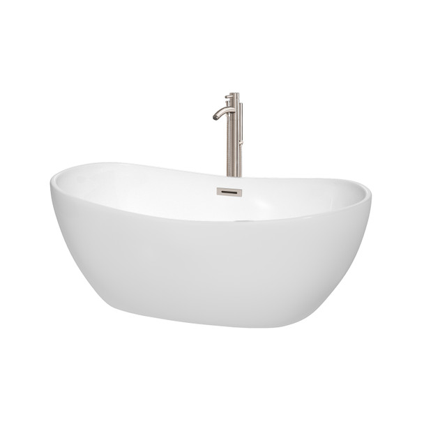 Rebecca 60 Inch Freestanding Bathtub In White With Floor Mounted Faucet, Drain And Overflow Trim In Brushed Nickel