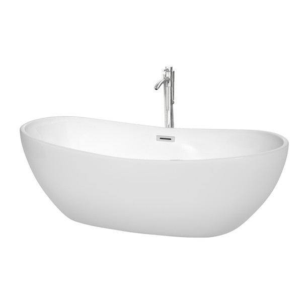 Rebecca 70 Inch Freestanding Bathtub In White With Floor Mounted Faucet, Drain And Overflow Trim In Polished Chrome