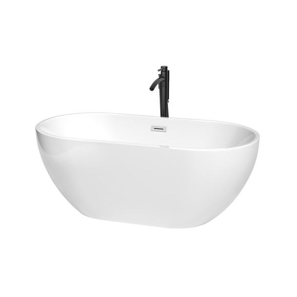 Brooklyn 60 Inch Freestanding Bathtub In White With Polished Chrome Trim And Floor Mounted Faucet In Matte Black