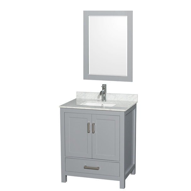 Sheffield 30 Inch Single Bathroom Vanity In Gray, White Carrara Marble Countertop, Undermount Square Sink, And 24 Inch Mirror