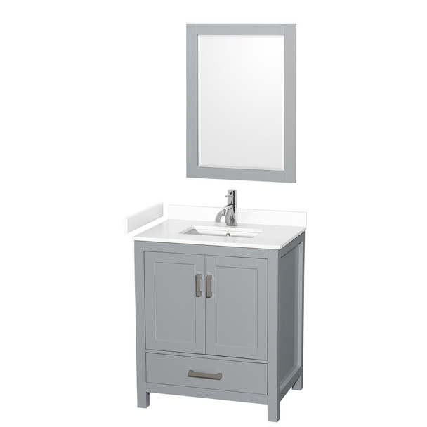Sheffield 30 Inch Single Bathroom Vanity In Gray, White Cultured Marble Countertop, Undermount Square Sink, 24 Inch Mirror