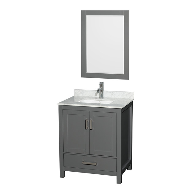 Sheffield 30 Inch Single Bathroom Vanity In Dark Gray, White Carrara Marble Countertop, Undermount Square Sink, And 24 Inch Mirror