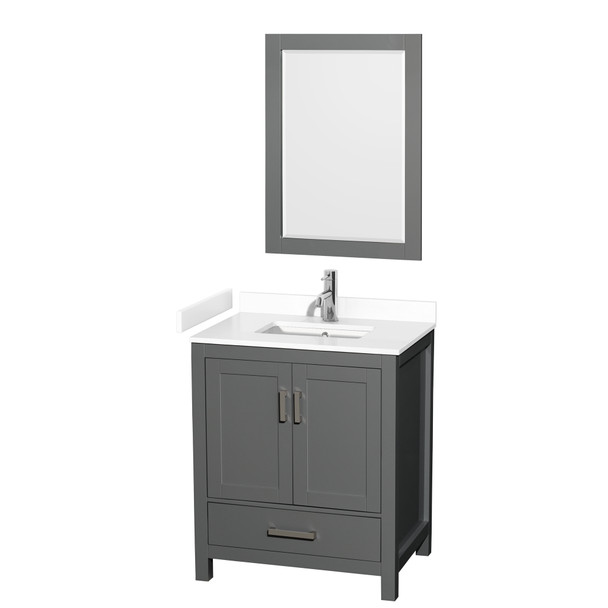 Sheffield 30 Inch Single Bathroom Vanity In Dark Gray, White Cultured Marble Countertop, Undermount Square Sink, 24 Inch Mirror