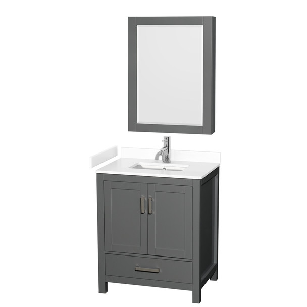 Sheffield 30 Inch Single Bathroom Vanity In Dark Gray, White Cultured Marble Countertop, Undermount Square Sink, Medicine Cabinet