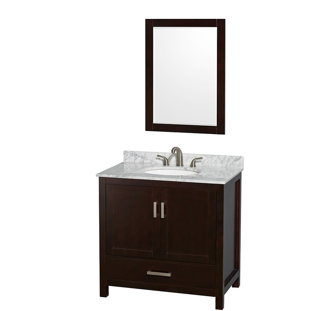 Sheffield 36 Inch Single Bathroom Vanity In Espresso, White Carrara Marble Countertop, Undermount Oval Sink, And 24 Inch Mirror
