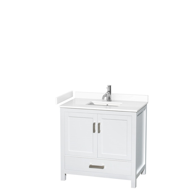 Sheffield 36 Inch Single Bathroom Vanity In White, White Cultured Marble Countertop, Undermount Square Sink, No Mirror
