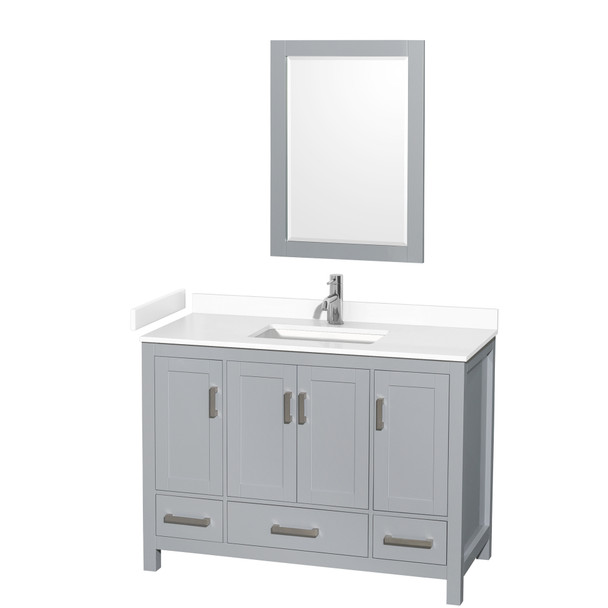 Sheffield 48 Inch Single Bathroom Vanity In Gray, White Cultured Marble Countertop, Undermount Square Sink, 24 Inch Mirror