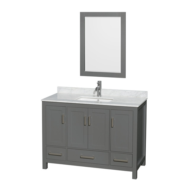Sheffield 48 Inch Single Bathroom Vanity In Dark Gray, White Carrara Marble Countertop, Undermount Square Sink, And 24 Inch Mirror