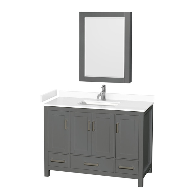 Sheffield 48 Inch Single Bathroom Vanity In Dark Gray, White Cultured Marble Countertop, Undermount Square Sink, Medicine Cabinet