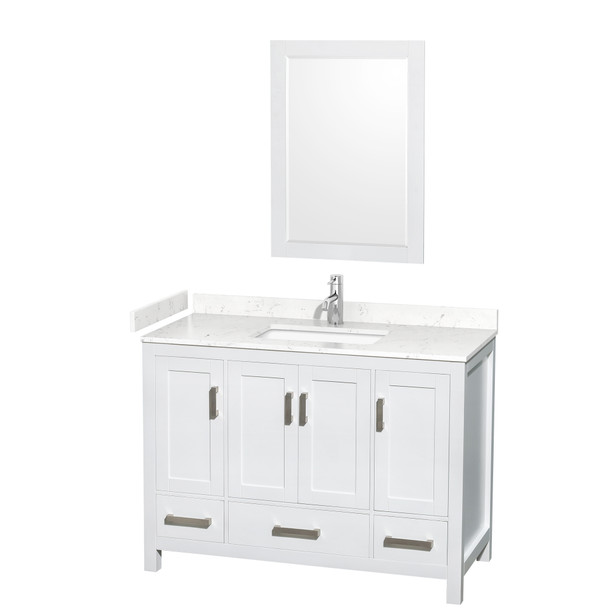 Sheffield 48 Inch Single Bathroom Vanity In White, Carrara Cultured Marble Countertop, Undermount Square Sink, 24 Inch Mirror
