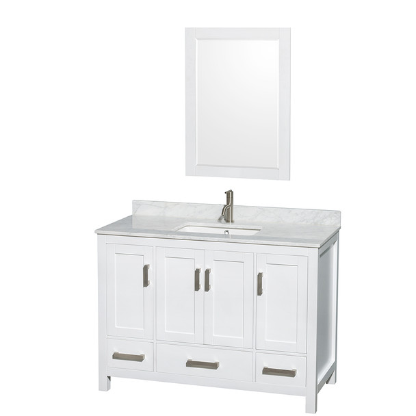 Sheffield 48 Inch Single Bathroom Vanity In White, White Carrara Marble Countertop, Undermount Square Sink, And 24 Inch Mirror