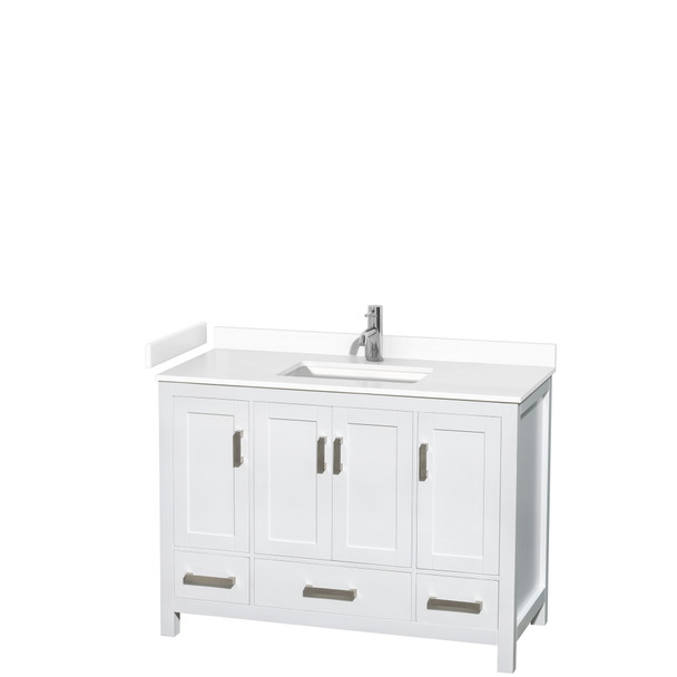 Sheffield 48 Inch Single Bathroom Vanity In White, White Cultured Marble Countertop, Undermount Square Sink, No Mirror