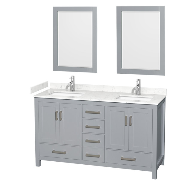 Sheffield 60 Inch Double Bathroom Vanity In Gray, Carrara Cultured Marble Countertop, Undermount Square Sinks, 24 Inch Mirrors