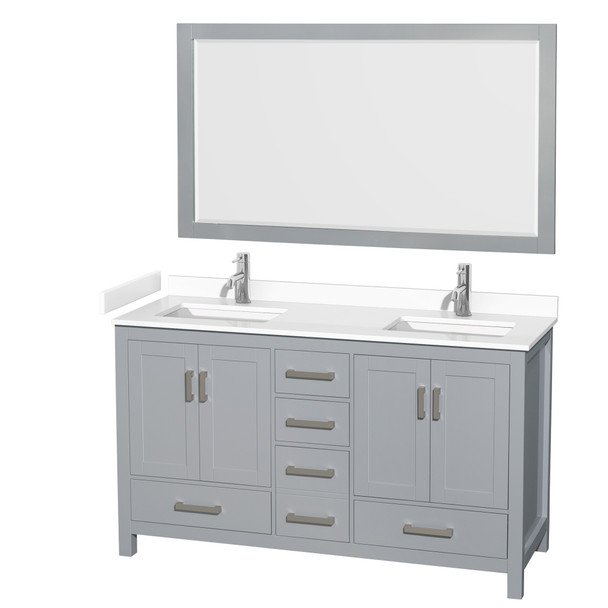 Sheffield 60 Inch Double Bathroom Vanity In Gray, White Cultured Marble Countertop, Undermount Square Sinks, 58 Inch Mirror
